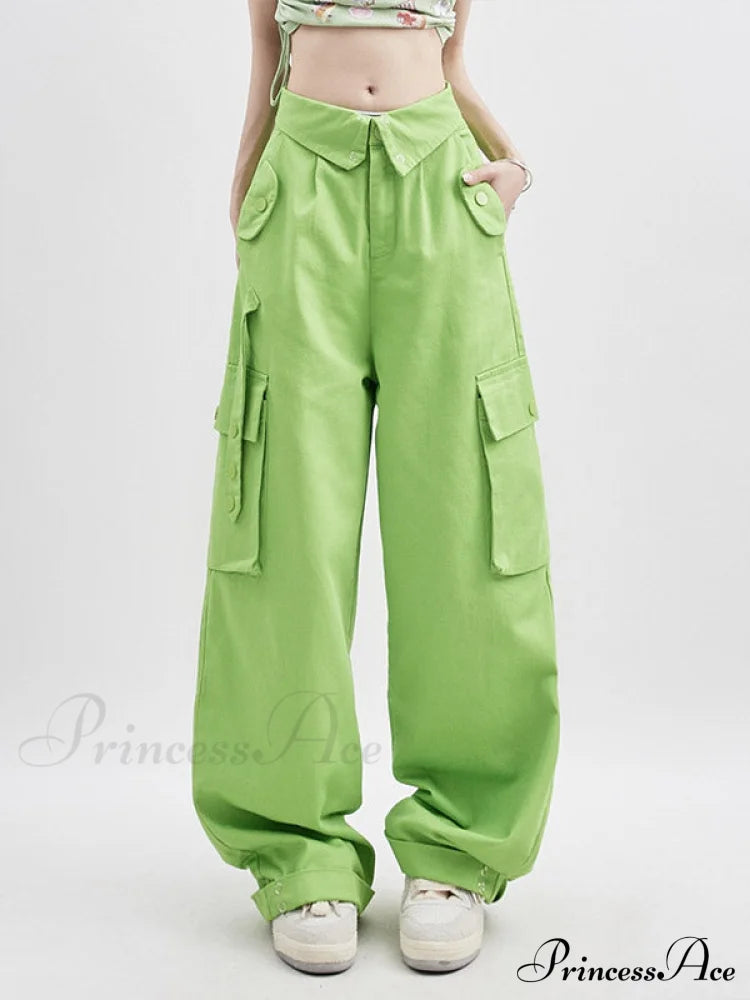 Buttoned Green Graceful Baggy Boyfriend Jeans / S Cargo Pants