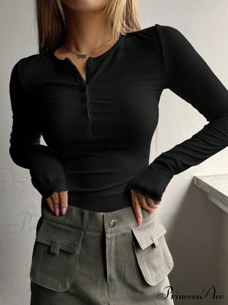 Feminine U-neck buttoned long-sleeved knitted top Black clothes long sleeve shirts long sleeve top shirt shirts top tops