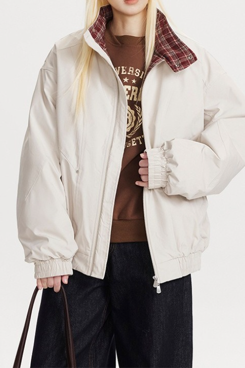 Vintage Plaid Paneled Stand Collar Loose Warm Outerwear