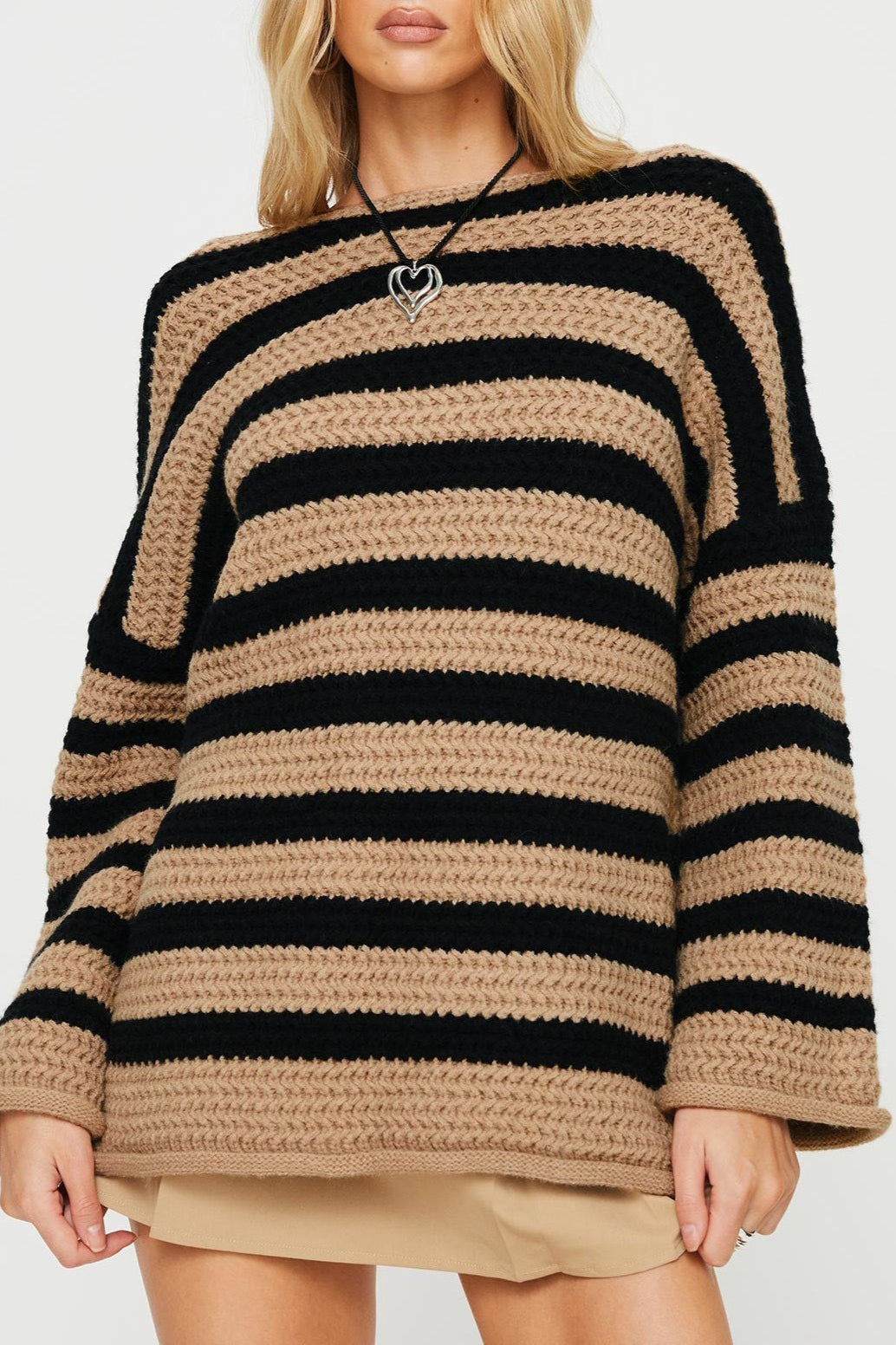 Striped Knit Casual Loose Sweater Khaki / S