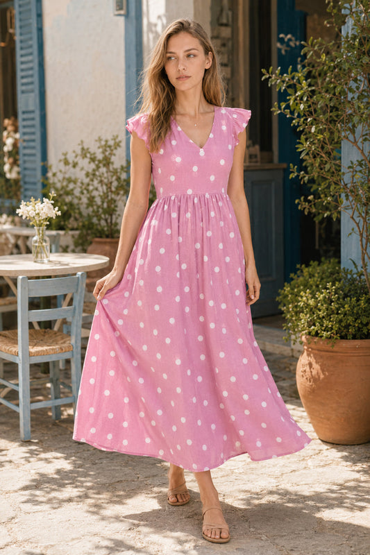Polka Dot Print V-Neck Short Sleeve Dress