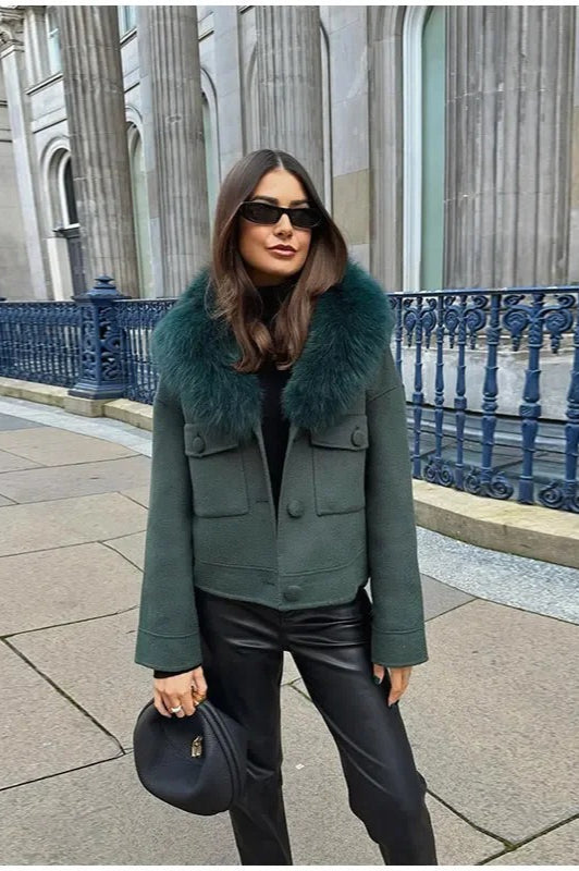 Green Detachable Fur Collar Wool Jacket