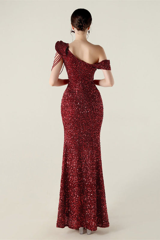 Draped One Shoulder Ruffle Formal Dress S / Red