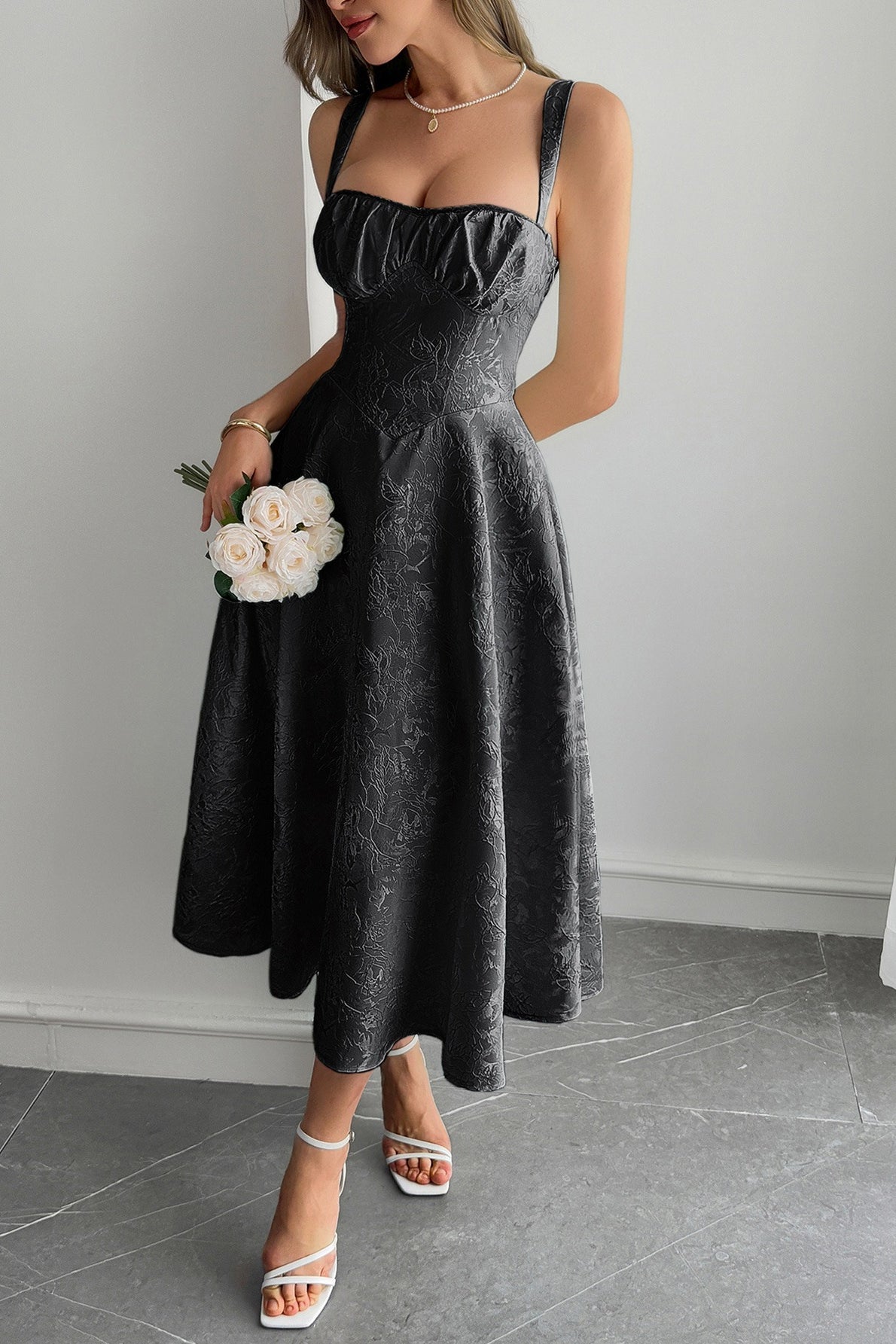 Jacquard Spaghetti Strap Cocktail Dress