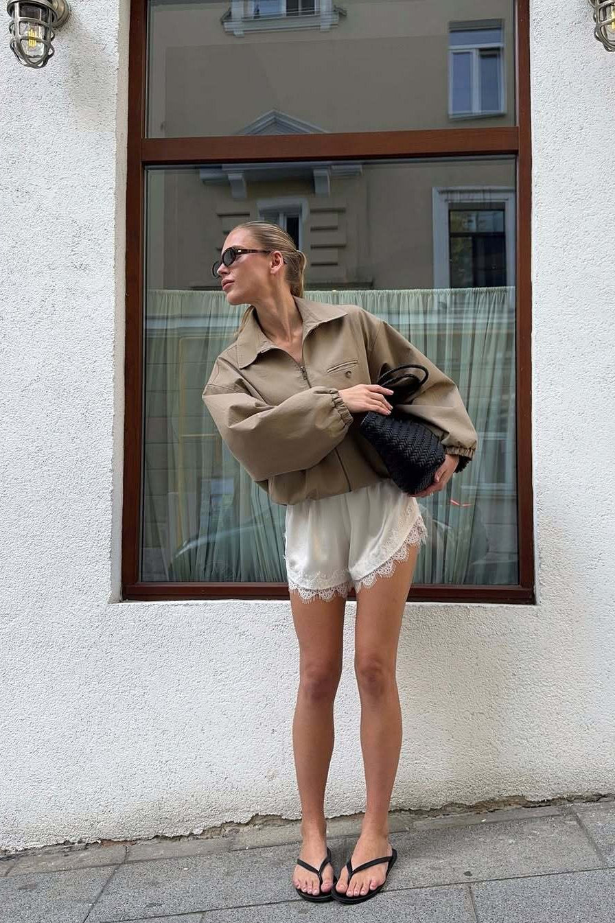 Zip Up Cropped Khaki Jacket