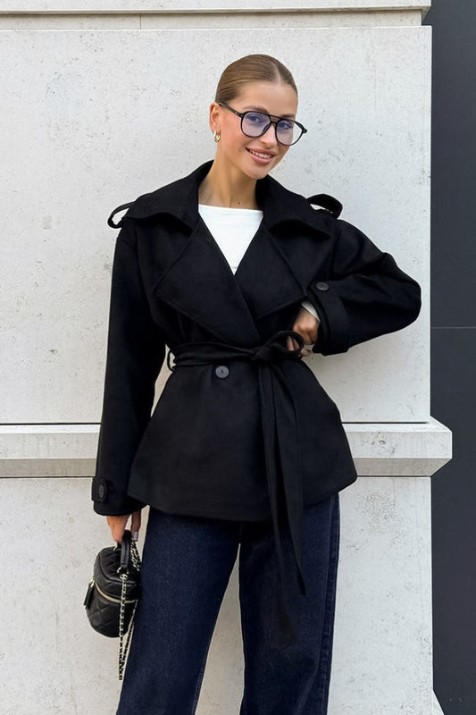 Suede Solid Tie Waist Thickened Warm Coat