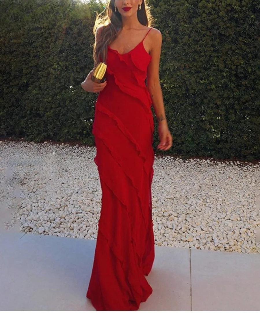 Elegant Ruffles Chiffon Backless Split Maxi Red Christmas Party Dress