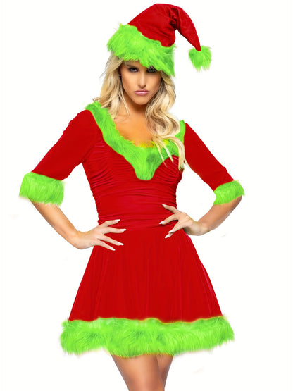 Plush Patchwork Half Sleeve V-Neck Dress for Women Christmas Costume