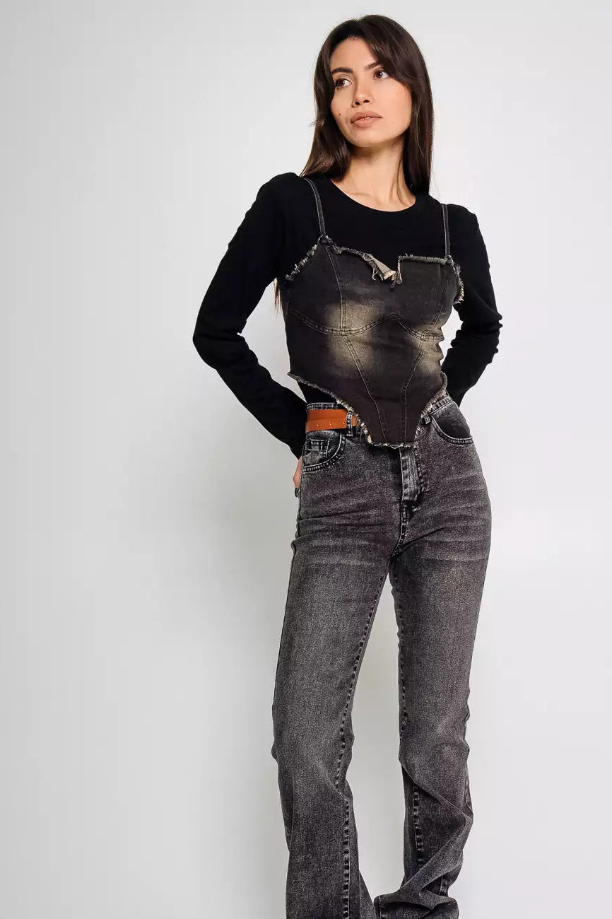 Washed Denim Cami Layered Slim Long Sleeve Tee