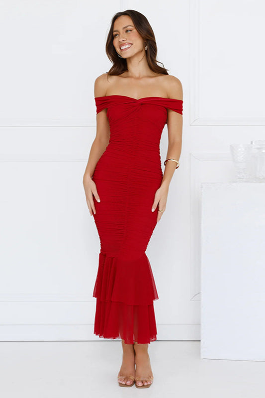 Gerüschtes, doppellagiges Maxikleid mit Fischschwanz