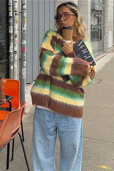 Slouchy Colorful Striped Crewneck Loose Knit Sweater