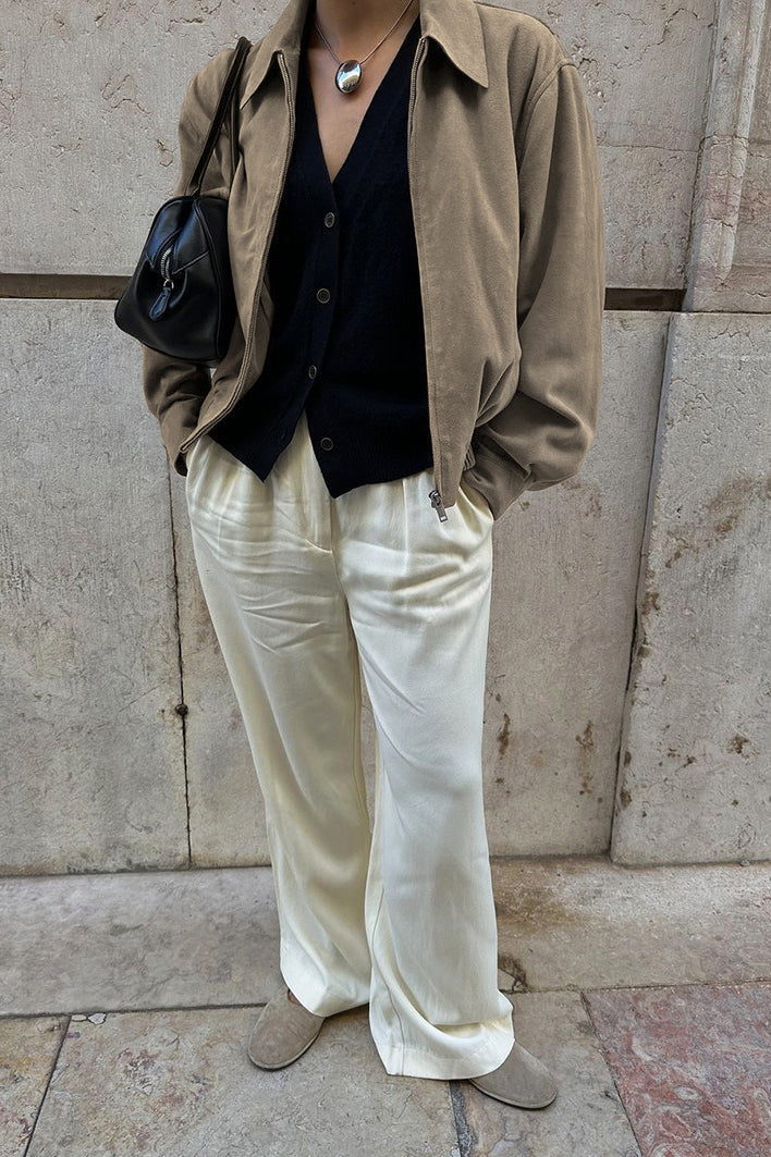 Khaki Suede Collared Oversized Retro Coat