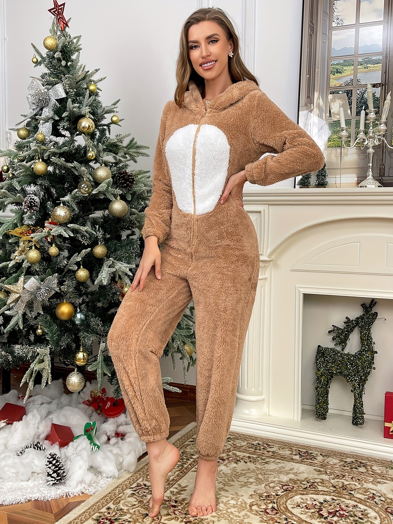 Flannel Plush Reindeer Onesie Pajamas with Hood for Women Christmas Costume