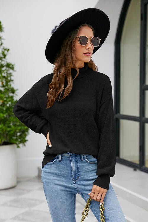 Mock Neck Dropped Shoulder Long Sleeve Sweater Black clothes long sleeve top long sleeve tops Ship From Overseas Sweater sweaters Sweatshirt top tops X.X.W