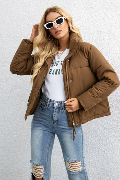 Short Stand Collar Relaxed Puffer Jacket M / Brown