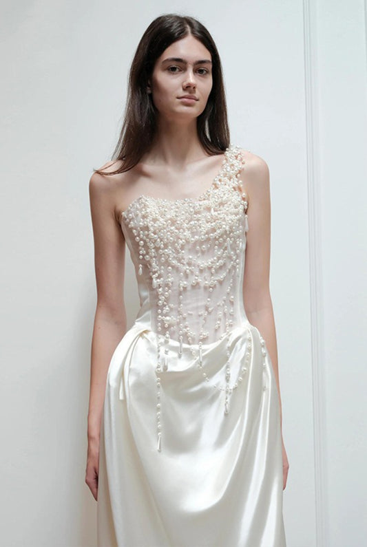 Strapless Satin Heavy Pearl Prom Dress