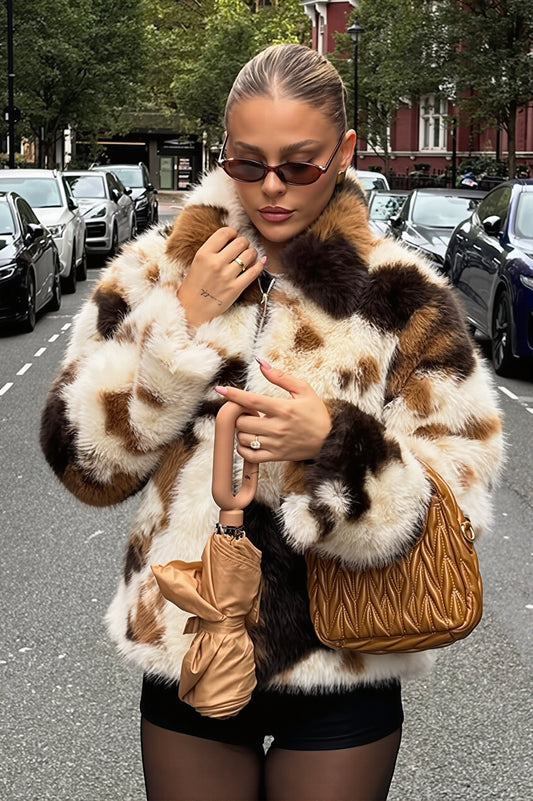 Patchwork Spot Zip Faux Fur Coat