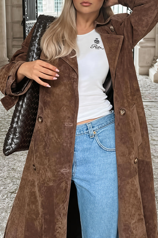 Suede Look Single Breasted Long Coat