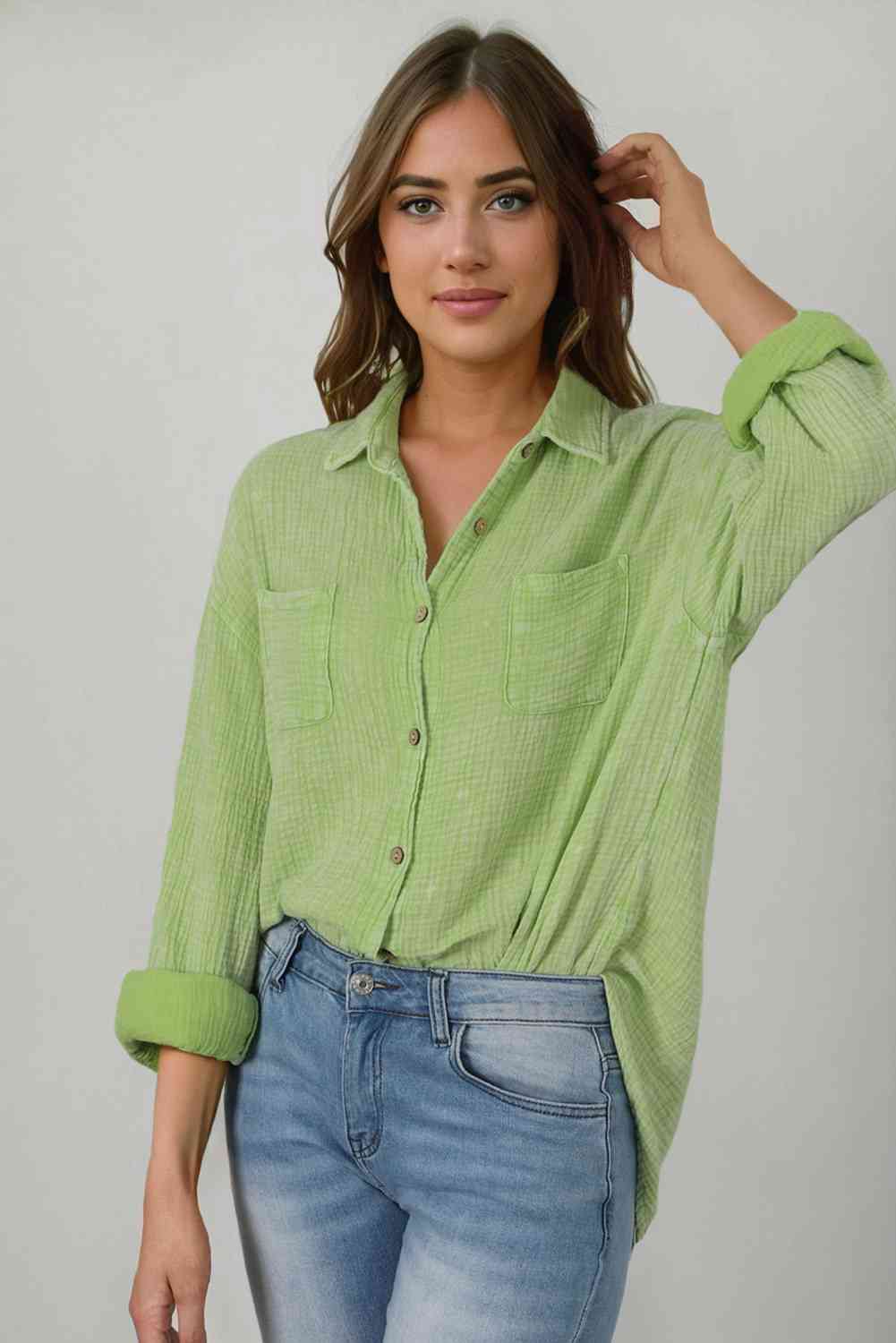 Blouse Textured With Buttons Clothes