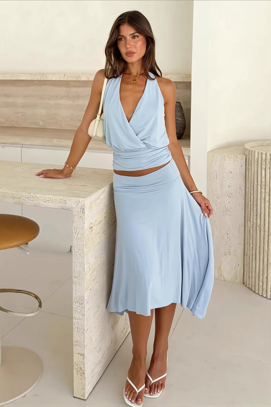 Solid Halter Asym Midi Skirt Set