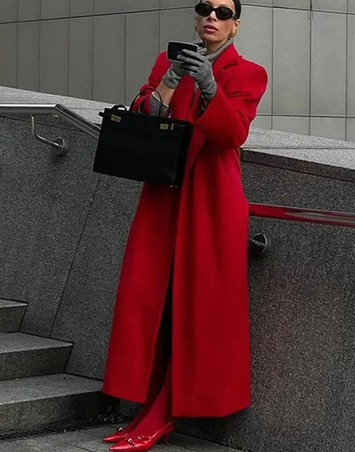 Red Woolen Blend Lapel Coat