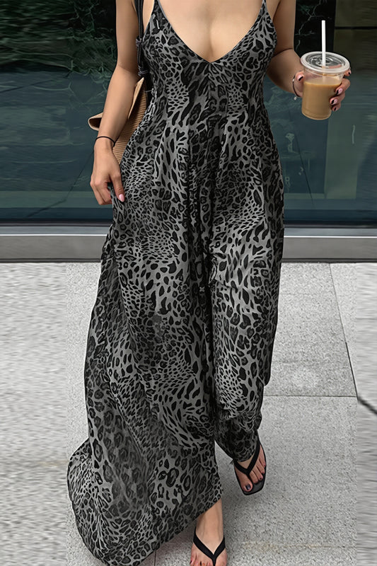 Leopard Print V Neck Backless Cami Vacation Maxi Dress