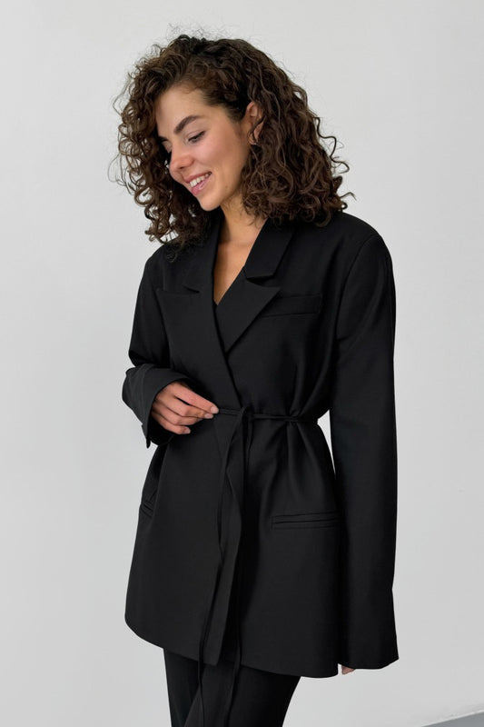 Tie Waist Longline Tailored Blazer