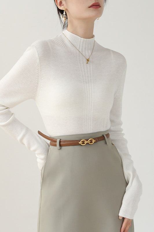 Elegant Apricot Mock Neck Long-Sleeve Pullover Knit Top