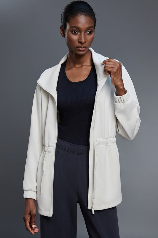 Air Layer Stand Collar Drawstring Waist Mid Length Jacket