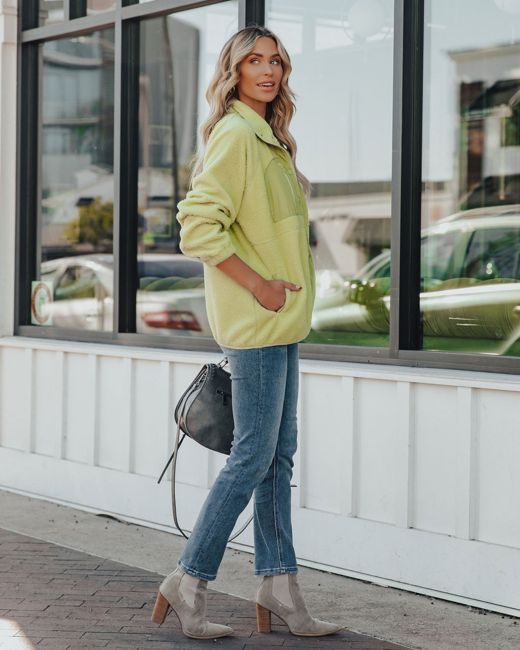 Lime Green Cabin Pocketed Fleece Jacket