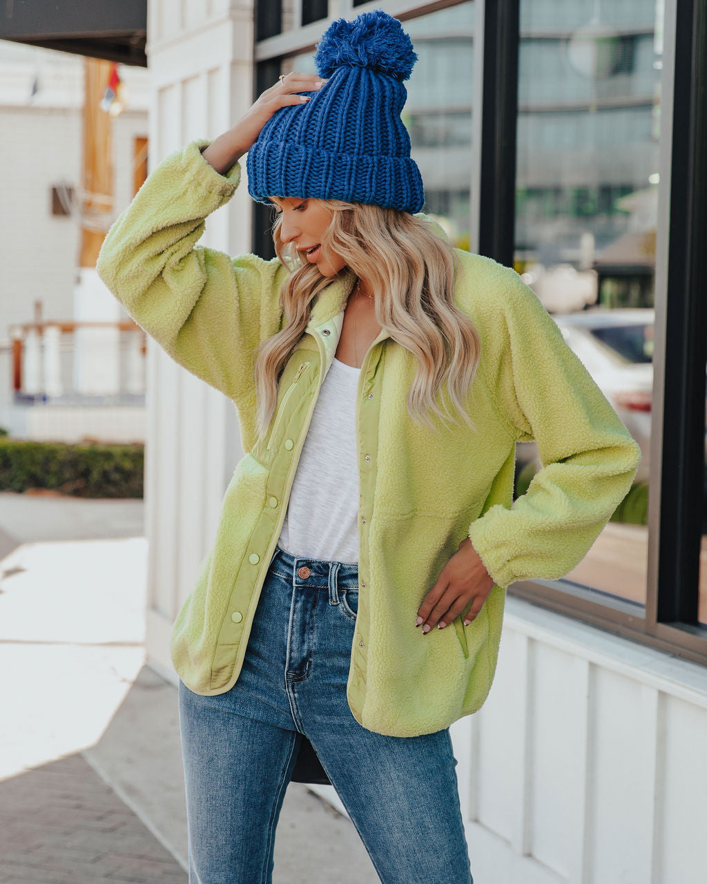 Lime Green Cabin Pocketed Fleece Jacket