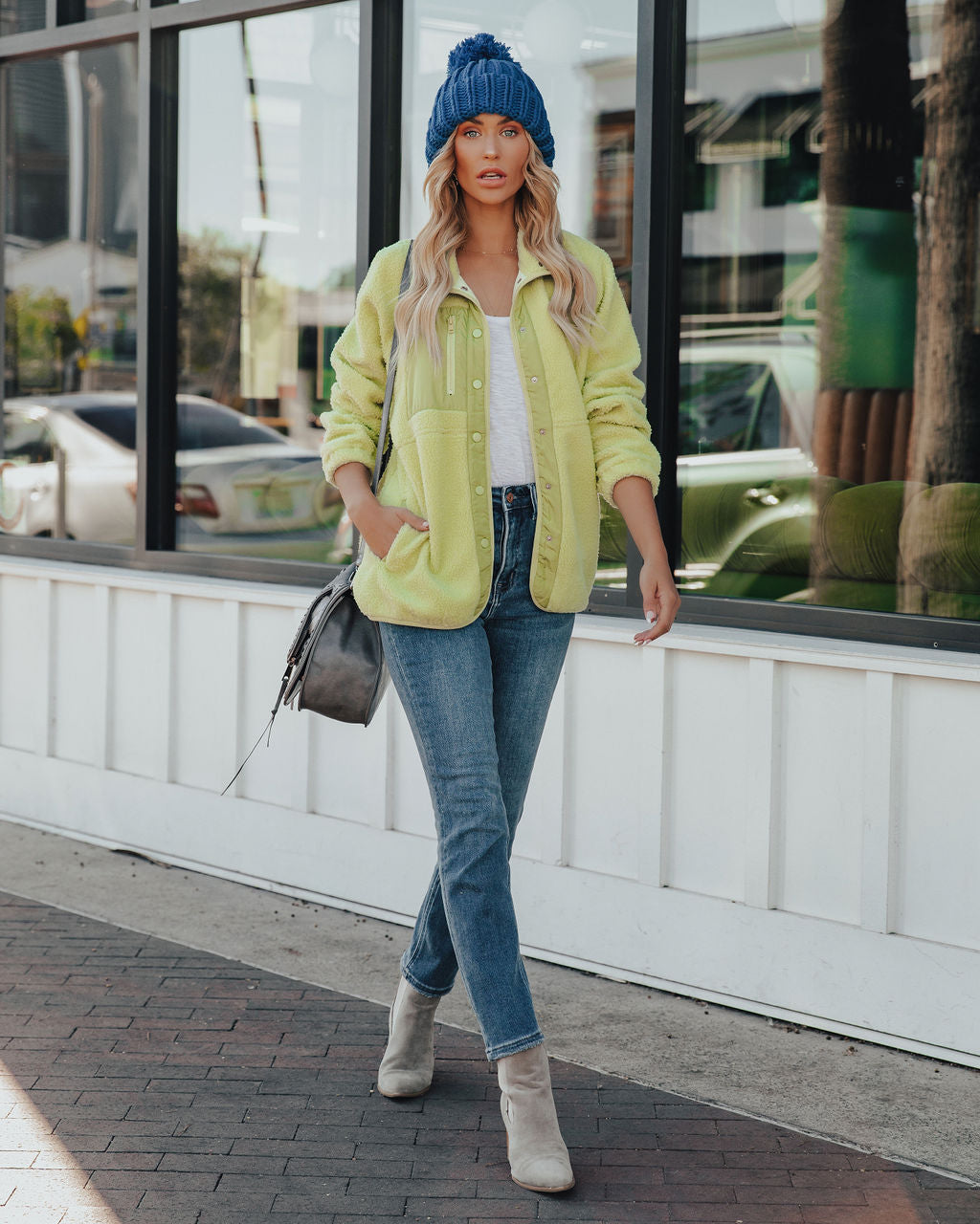 Lime Green Cabin Pocketed Fleece Jacket