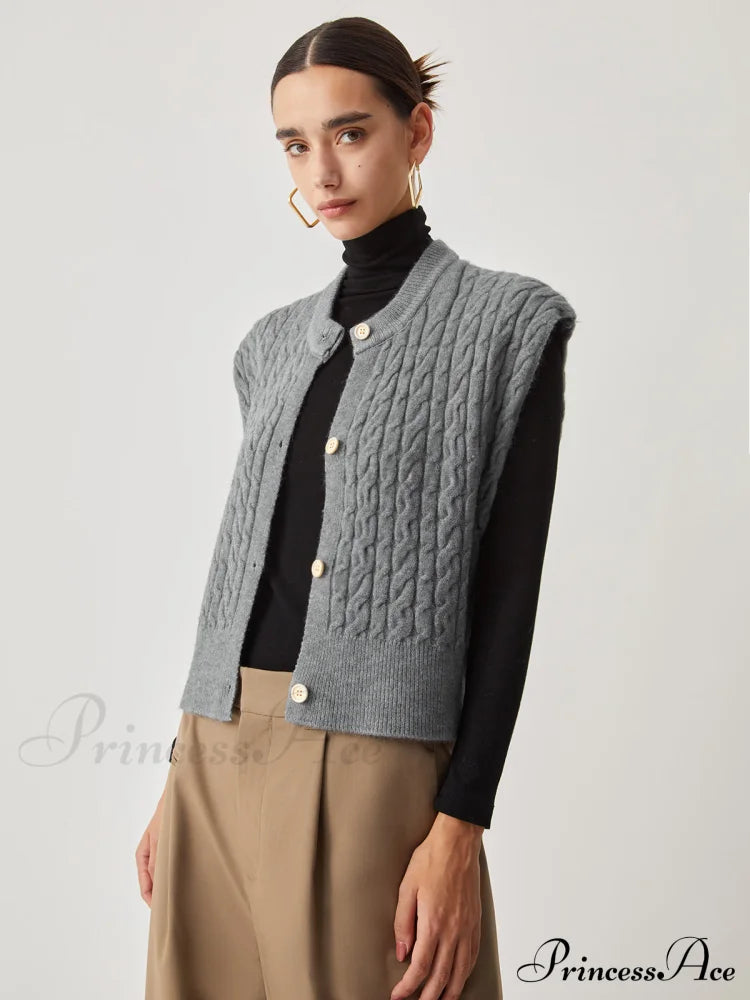 Cable Knit Graceful Button Down Vest Sweaters-L