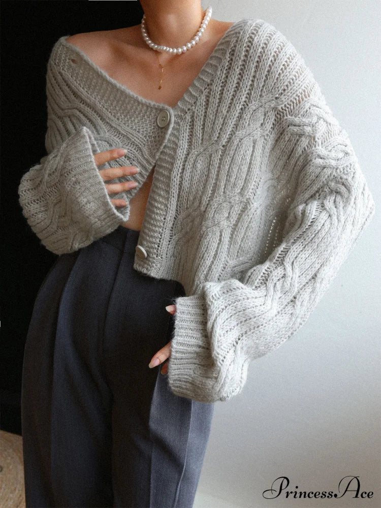 Cable Knit Graceful Crop Cardigan Sweaters-L