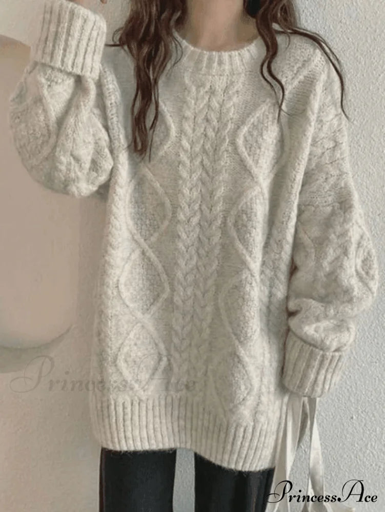 Cable Knit Graceful Cropped Sweater Beige / One Size Sweaters-L