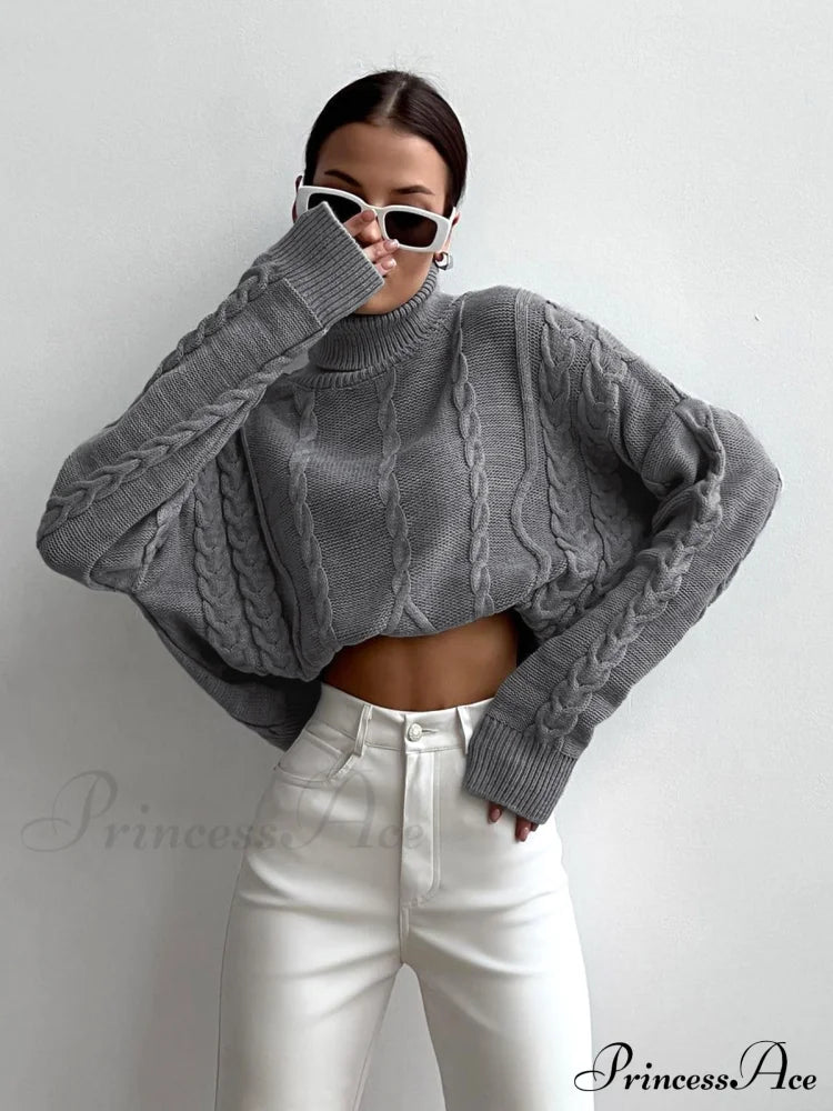 Cable Knit Graceful Turtleneck Oversized Sweater Grey / Xs Sweaters-L