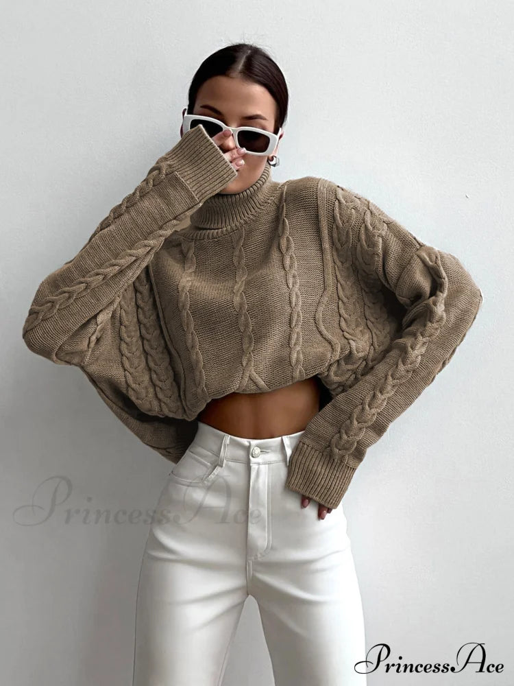 Cable Knit Graceful Turtleneck Oversized Sweater Khaki / Xs Sweaters-L