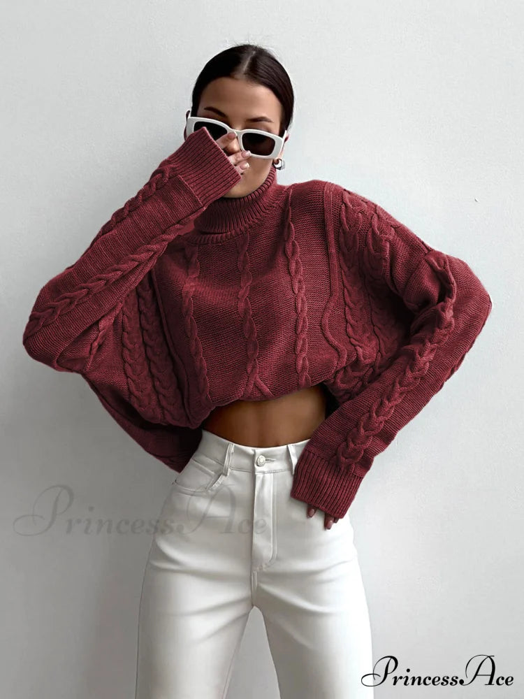 Cable Knit Graceful Turtleneck Oversized Sweater Red / Xs Sweaters-L