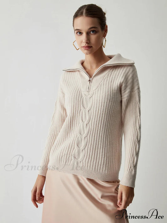 Cable Knit Open Trendy Collar Half Zip Sweater Off-White / S Sweaters-L