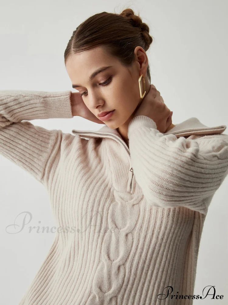 Cable Knit Open Trendy Collar Half Zip Sweater Sweaters-L