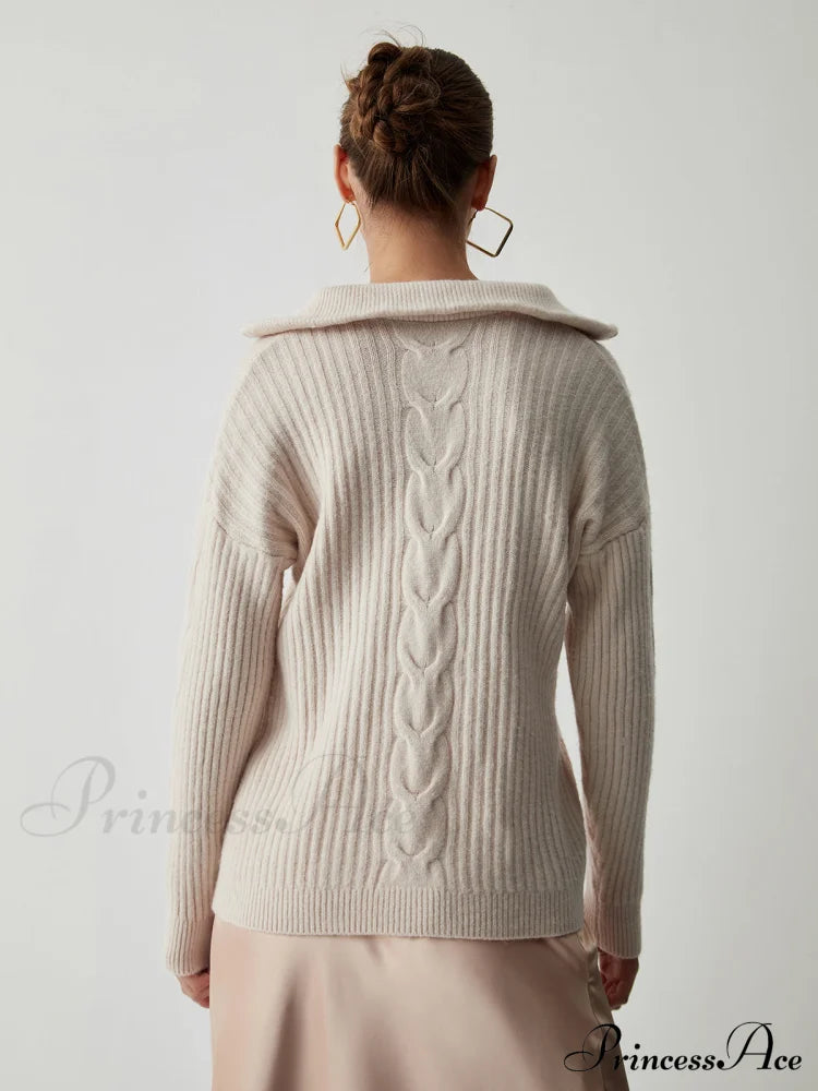 Cable Knit Open Trendy Collar Half Zip Sweater Sweaters-L