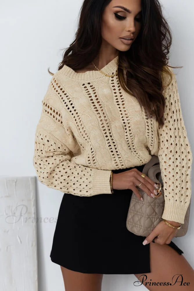 Cable-Knit Top Knit Round Neck Openwork Full - Size