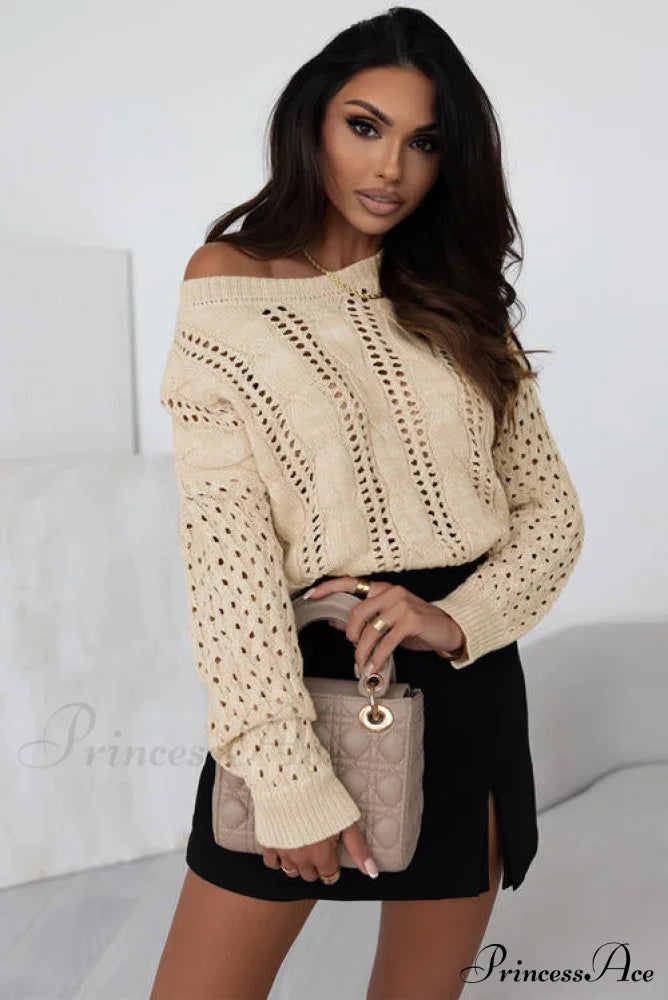 Full Size Openwork Cable-Knit Round Neck Knit Top Beige clothes long sleeve shirt long sleeve shirts long sleeve top long sleeve tops Ship From Overseas shirt shirts SYNZ top tops