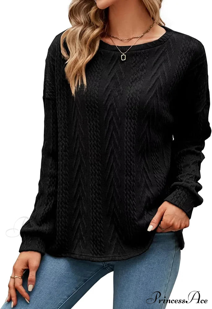 Cable Knit Tunic Sweater Crewneck Long Sleeve Black / Small Sweaters-L