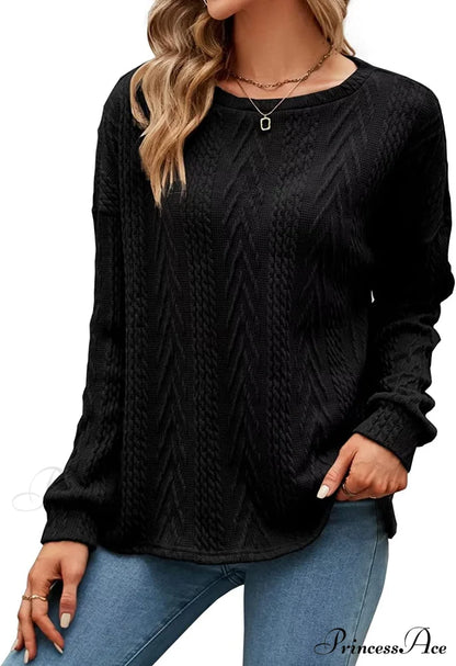 Cable Knit Tunic Sweater Crewneck Long Sleeve Black / Small Sweaters-L