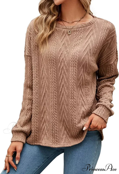 Cable Knit Tunic Sweater Crewneck Long Sleeve Brown / Small Sweaters-L