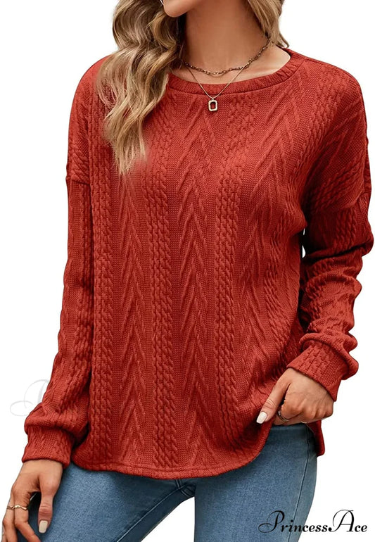 Cable Knit Tunic Sweater Crewneck Long Sleeve Burnt Orange / Medium Sweaters-L