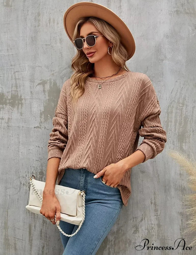 Cable Knit Tunic Sweater Crewneck Long Sleeve Sweaters-L