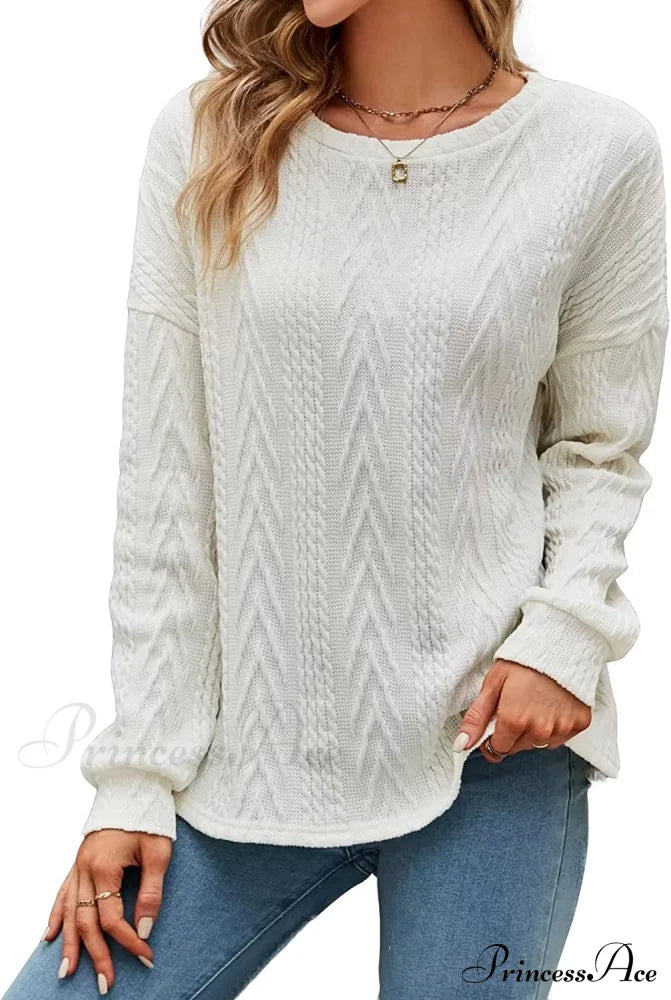 Cable Knit Tunic Sweater Crewneck Long Sleeve White / Large Sweaters-L