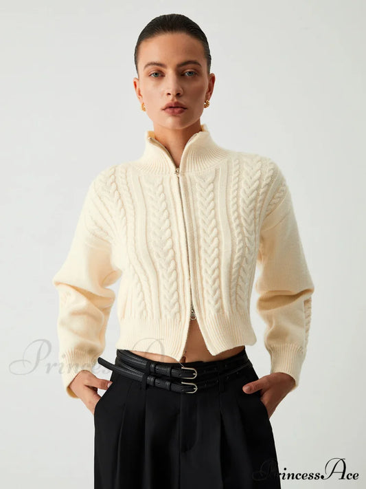 Cable Knit Two Trendy Way Zip Crop Cardigan Apricot / S Sweaters-L